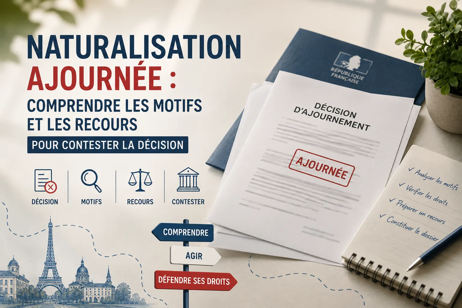 Personne lisant une lettre d'ajournement de naturalisation avec un dossier ouvert sur une table, symbolisant la procédure administrative