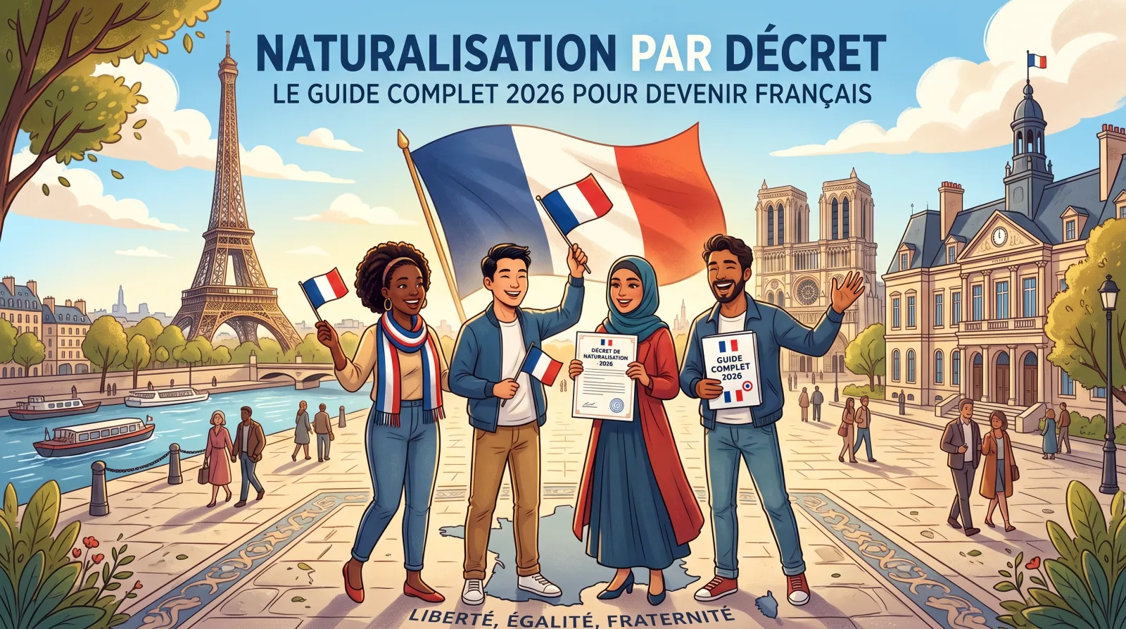 Personne souriante tenant un passeport français et une carte d'identité devant un drapeau français, symbolisant la naturalisation par décret