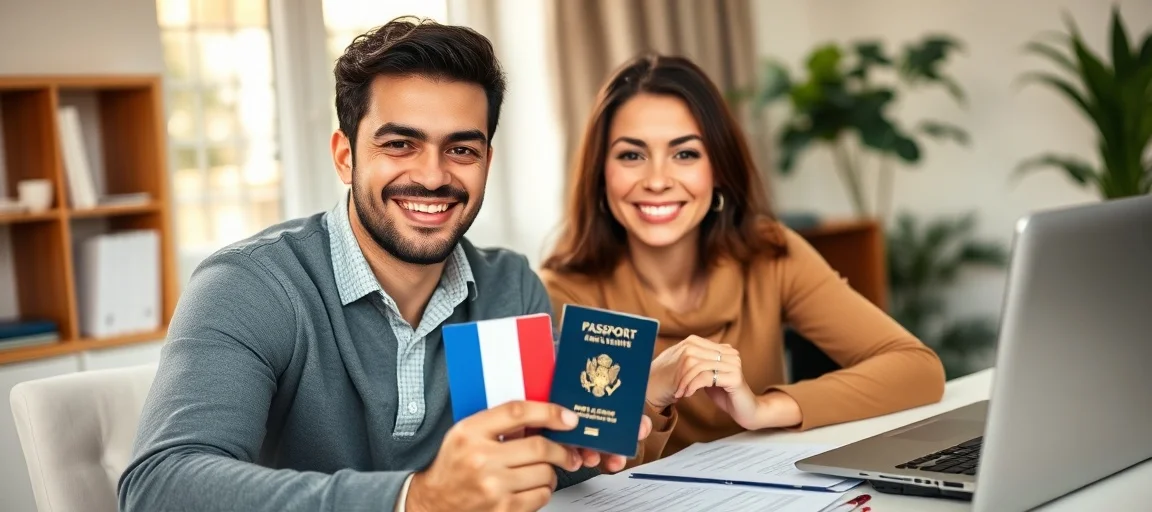 Couple franco-étranger souriant tenant un livret de famille et un passeport français, symbolisant la naturalisation par mariage