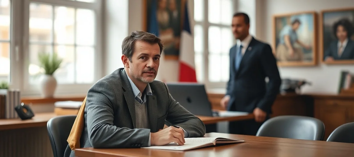 Main posant un timbre sur un passeport français, avec un drapeau tricolore en arrière-plan, symbolisant la naturalisation