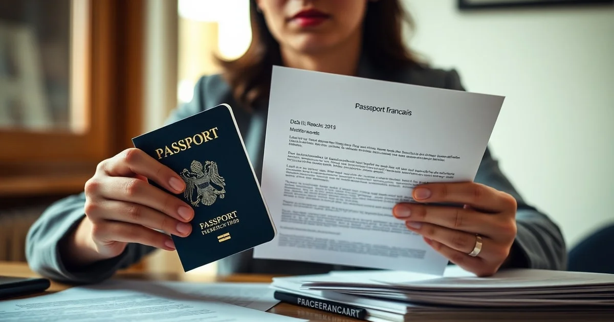 Tableau comparatif entre refus et ajournement de naturalisation avec motifs, délais et recours, illustré par des documents officiels et un passeport français