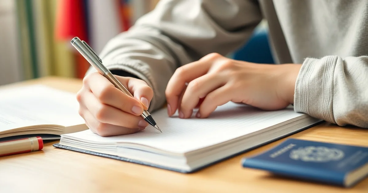 Candidat au TCF IRN écrivant une réponse d'expression écrite avec un stylo, entouré de livres et d'une feuille d'examen