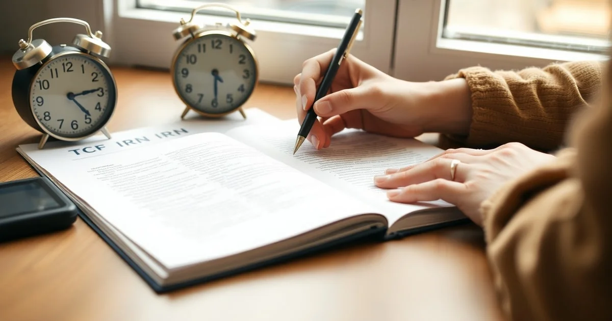 Candidat au TCF IRN en train d'écrire un texte sur une table avec un stylo et une montre, symbolisant la gestion du temps de l'épreuve d'expression écrite.